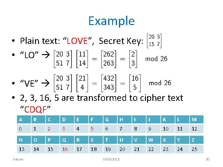 Example • Plain text: “LOVE”, Secret Key: • “LO” • “VE” • 2, 3,