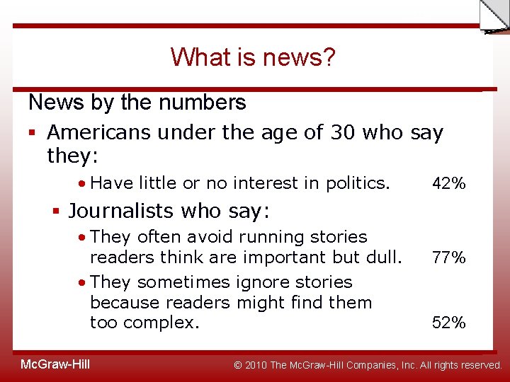 Slide What is news? News by the numbers § Americans under the age of