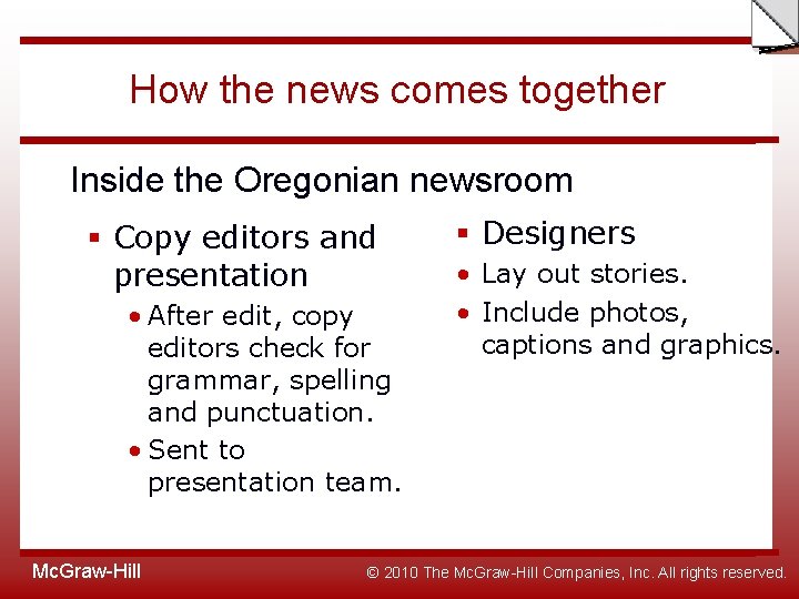 Slide How the news comes together Inside the Oregonian newsroom § Copy editors and