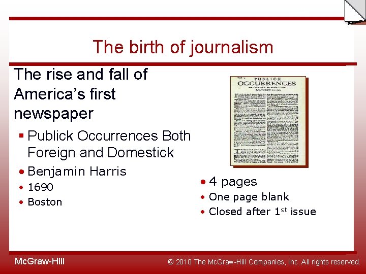 Slide The birth of journalism The rise and fall of America’s first newspaper §