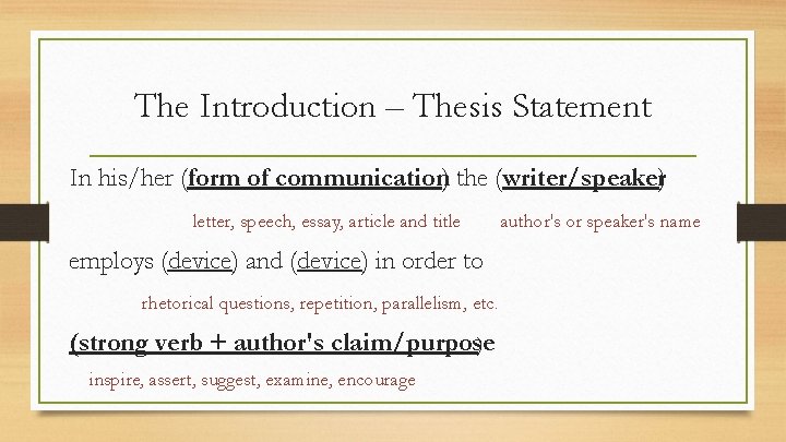 The Introduction – Thesis Statement In his/her (form of communication) the (writer/speaker) letter, speech,