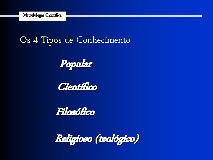 Metodologia Científica Os 4 Tipos de Conhecimento Popular Científico Filosófico Religioso (teológico) 