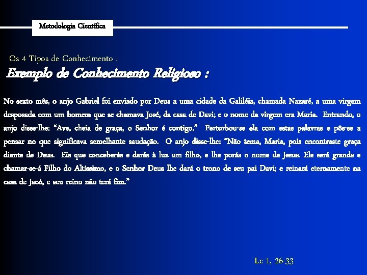 Metodologia Científica Os 4 Tipos de Conhecimento : Exemplo de Conhecimento Religioso : No