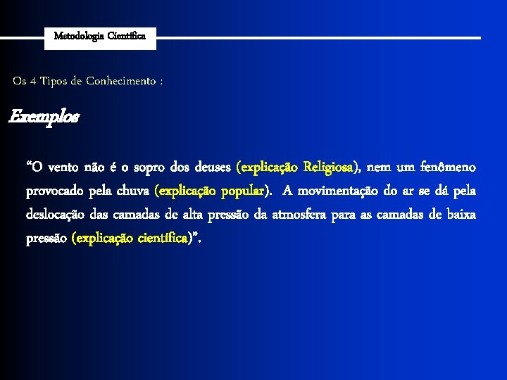 Metodologia Científica Os 4 Tipos de Conhecimento : Exemplos “O vento não é o