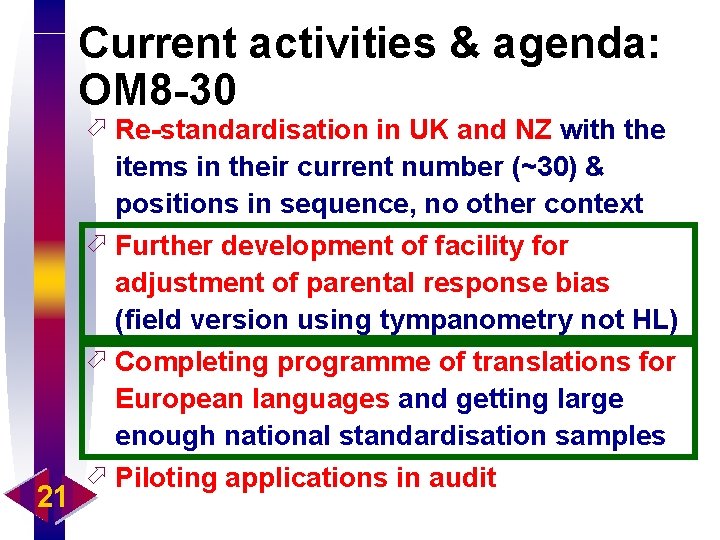 Current activities & agenda: OM 8 -30 21 ö Re-standardisation in UK and NZ