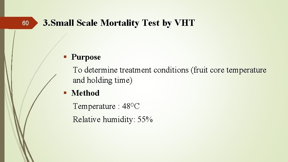 60 3. Small Scale Mortality Test by VHT § Purpose To determine treatment conditions