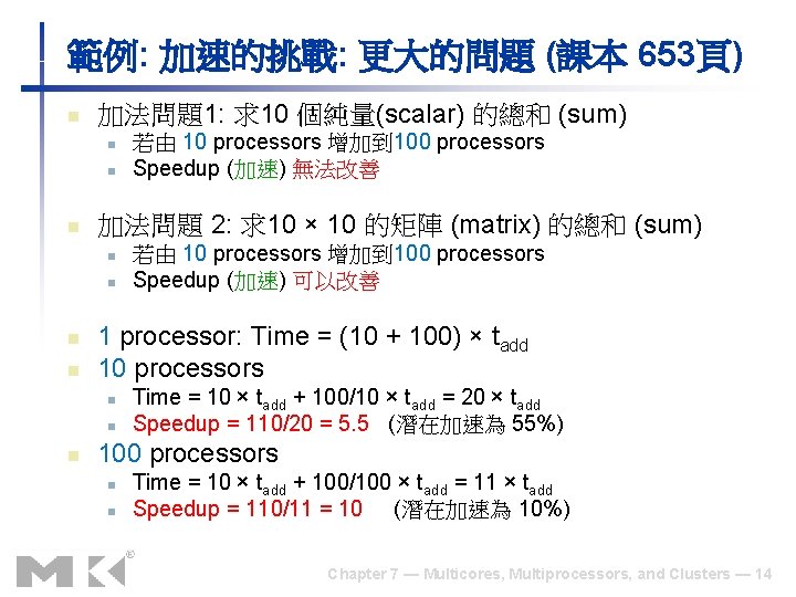 範例: 加速的挑戰: 更大的問題 (課本 653頁) n 加法問題1: 求10 個純量(scalar) 的總和 (sum) n n n