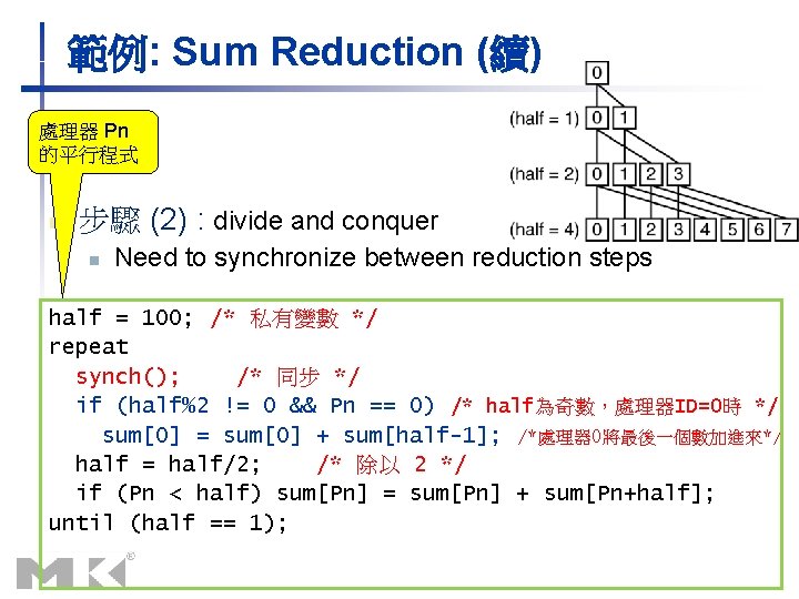 範例: Sum Reduction (續) 處理器 Pn 的平行程式 n 步驟 (2) : divide and conquer