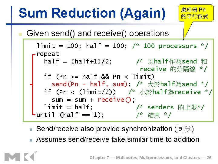 Sum Reduction (Again) n 處理器 Pn 的平行程式 Given send() and receive() operations limit =