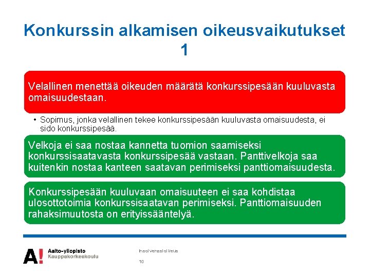 Konkurssin alkamisen oikeusvaikutukset 1 Velallinen menettää oikeuden määrätä konkurssipesään kuuluvasta omaisuudestaan. • Sopimus, jonka