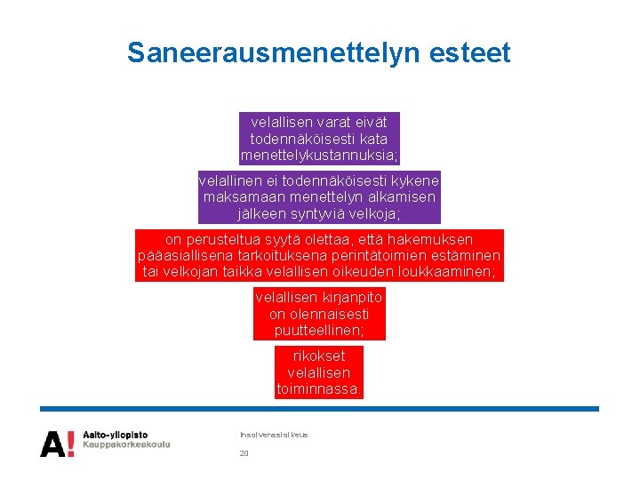 Saneerausmenettelyn esteet velallisen varat eivät todennäköisesti kata menettelykustannuksia; velallinen ei todennäköisesti kykene maksamaan menettelyn