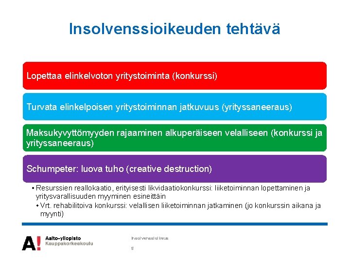 Insolvenssioikeuden tehtävä Lopettaa elinkelvoton yritystoiminta (konkurssi) Turvata elinkelpoisen yritystoiminnan jatkuvuus (yrityssaneeraus) Maksukyvyttömyyden rajaaminen alkuperäiseen