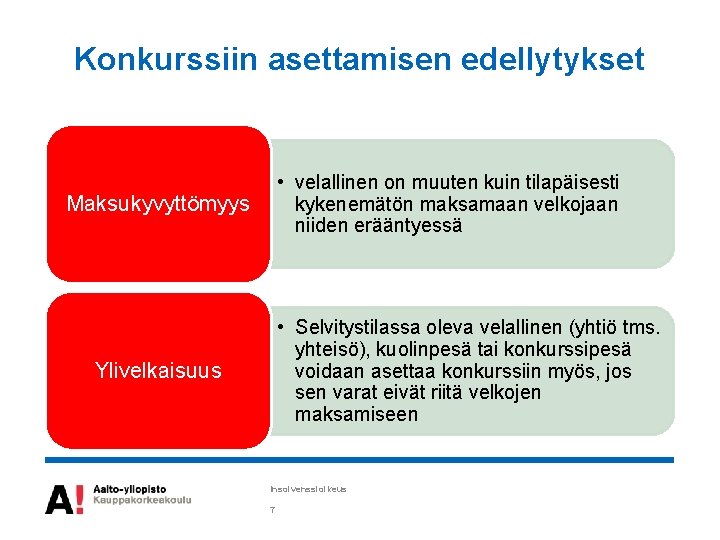 Konkurssiin asettamisen edellytykset • velallinen on muuten kuin tilapäisesti kykenemätön maksamaan velkojaan niiden erääntyessä