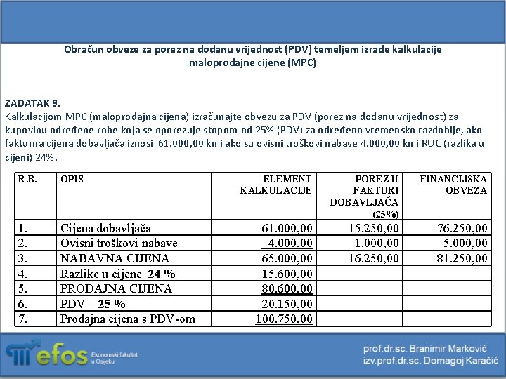 Obračun obveze za porez na dodanu vrijednost (PDV) temeljem izrade kalkulacije maloprodajne cijene (MPC)