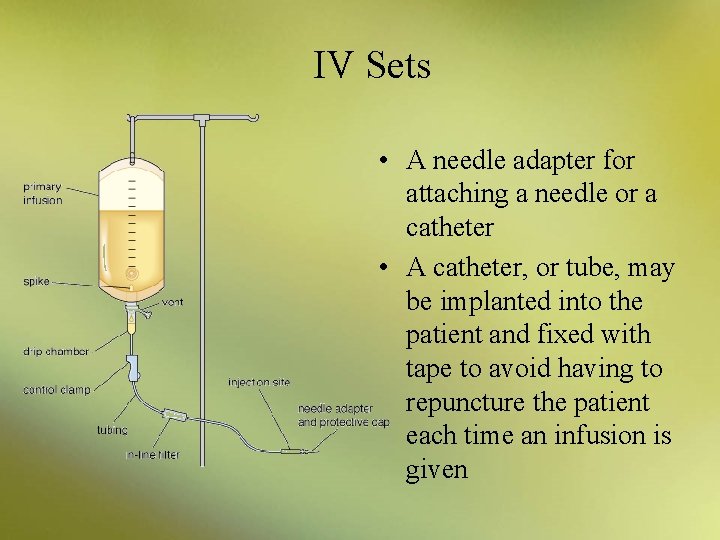IV Sets • A needle adapter for attaching a needle or a catheter •
