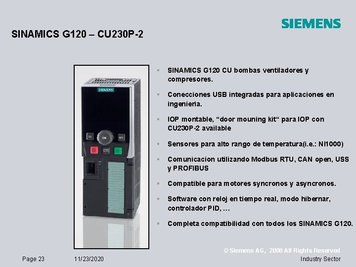 SINAMICS G 120 – CU 230 P-2 Page 23 11/23/2020 § SINAMICS G 120