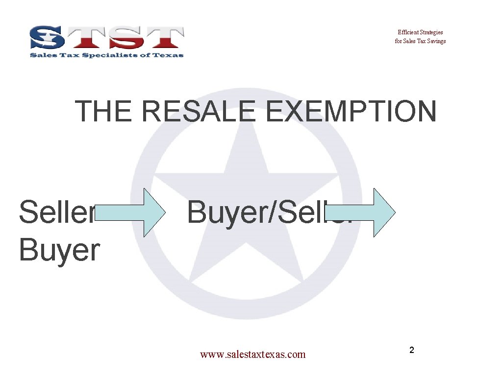 Efficient Strategies for Sales Tax Savings THE RESALE EXEMPTION Seller Buyer/Seller www. salestaxtexas. com