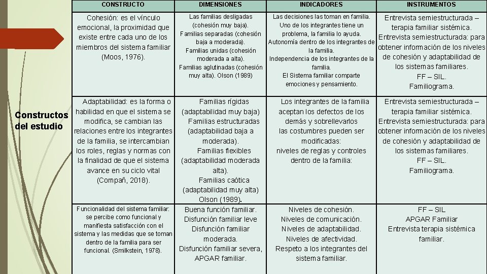 CONSTRUCTO Cohesión: es el vínculo emocional, la proximidad que existe entre cada uno de