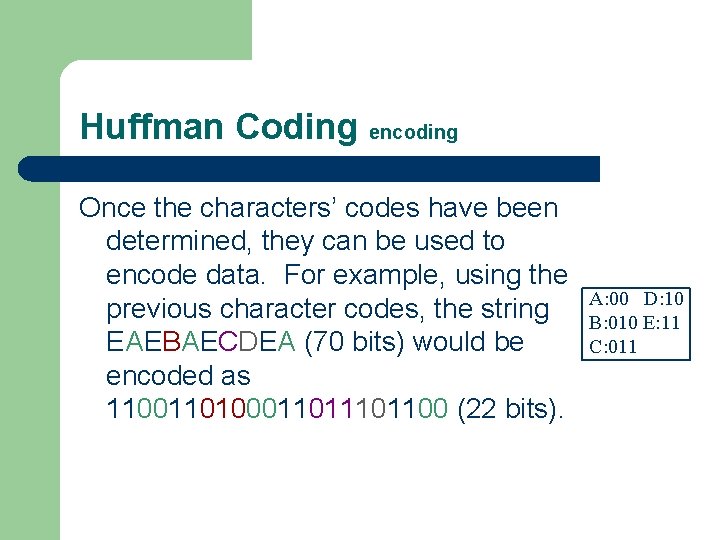 Huffman Coding encoding Once the characters’ codes have been determined, they can be used