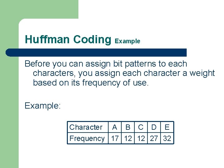 Huffman Coding Example Before you can assign bit patterns to each characters, you assign