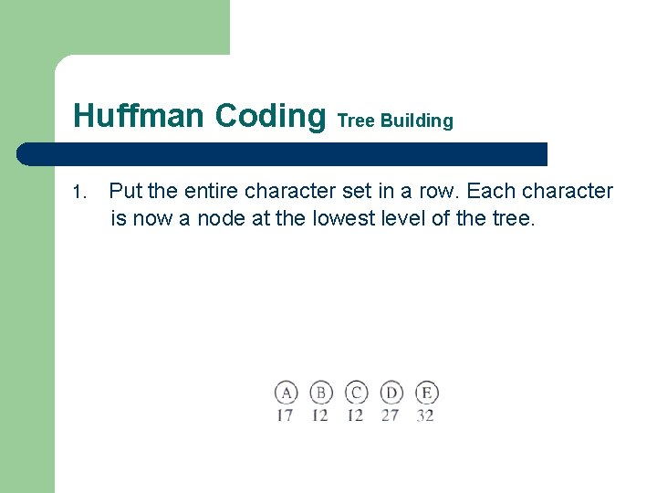 Huffman Coding Tree Building 1. Put the entire character set in a row. Each