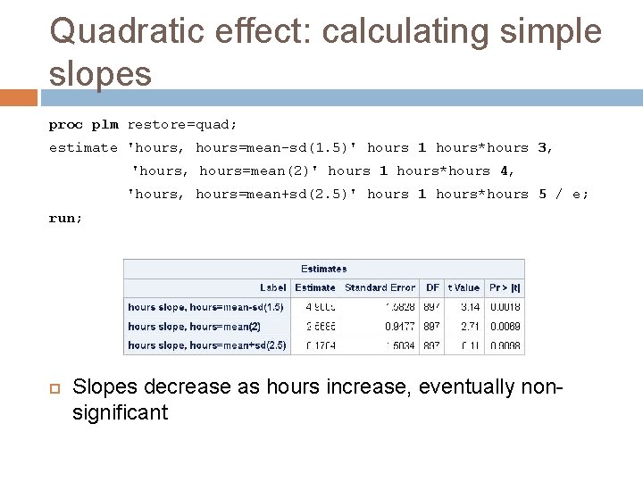 Quadratic effect: calculating simple slopes proc plm restore=quad; estimate 'hours, hours=mean-sd(1. 5)' hours 1