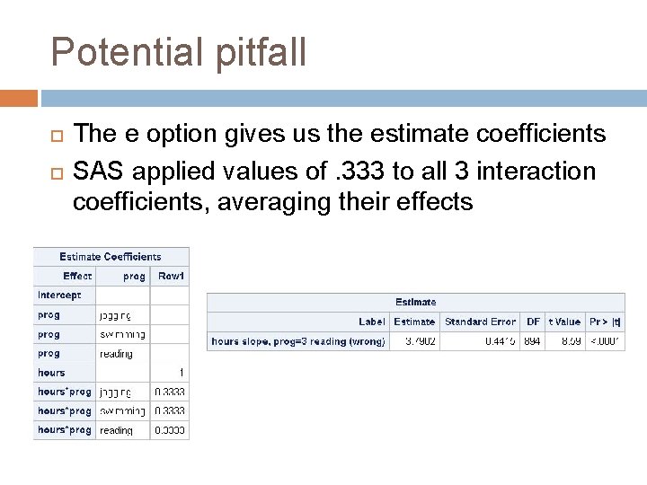 Potential pitfall The e option gives us the estimate coefficients SAS applied values of.