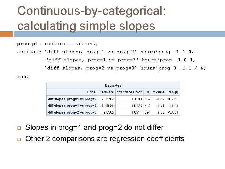 Continuous-by-categorical: calculating simple slopes proc plm restore = catcont; estimate 'diff slopes, prog=1 vs