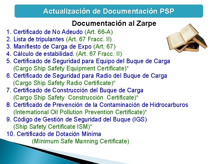 Actualización de Documentación PSP Documentación al Zarpe 1. Certificado de No Adeudo (Art. 66 Actualización de Documentación PSP Documentación al Zarpe 1. Certificado de No Adeudo (Art. 66