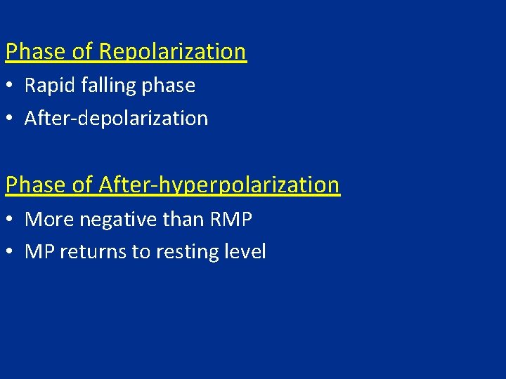 Phase of Repolarization • Rapid falling phase • After-depolarization Phase of After-hyperpolarization • More