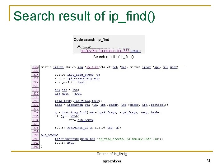 Search result of ip_find() Source of ip_find() Appendices 31 