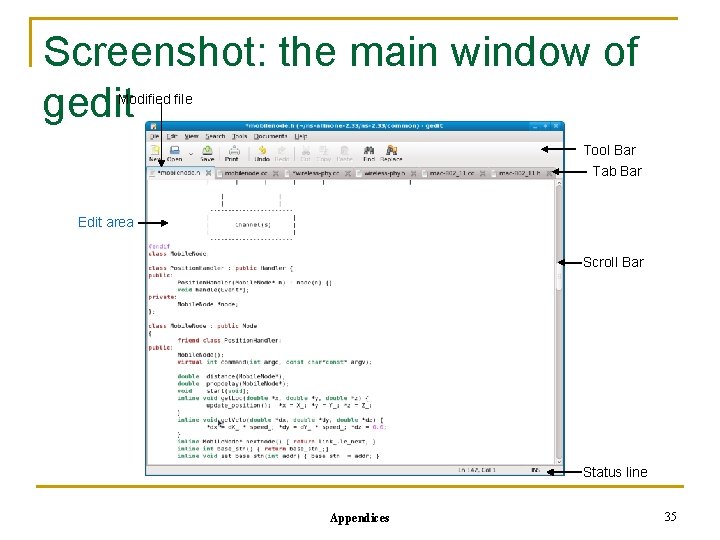 Screenshot: the main window of gedit Modified file Tool Bar Tab Bar Edit area