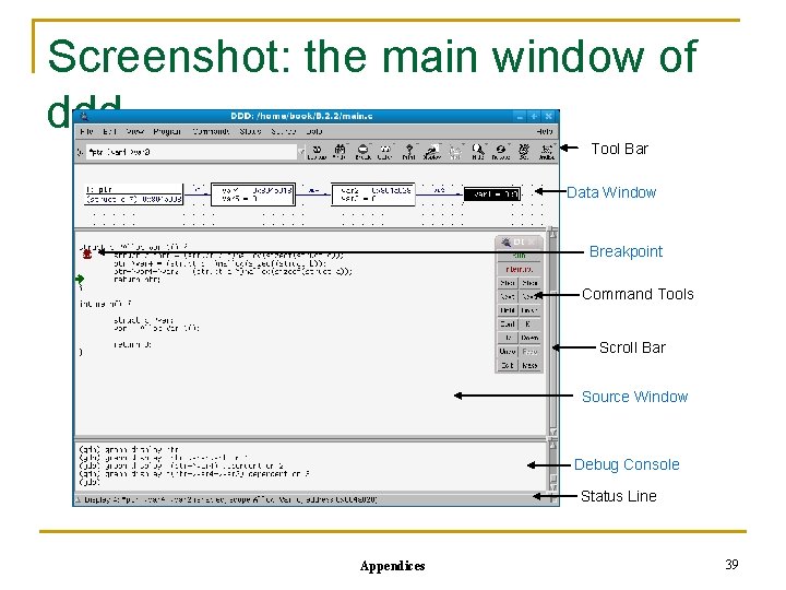 Screenshot: the main window of ddd Tool Bar Data Window Breakpoint Command Tools Scroll