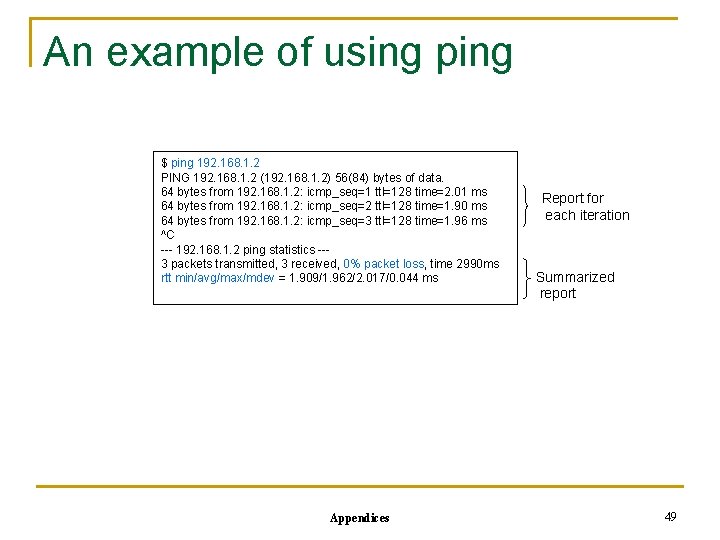An example of using ping $ ping 192. 168. 1. 2 PING 192. 168.