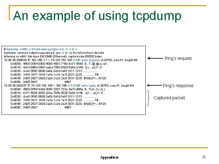 An example of using tcpdump $ tcpdump -i eth 0 -c 4 host www.