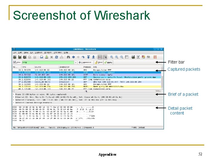 Screenshot of Wireshark Filter bar Captured packets Brief of a packet Detail packet content