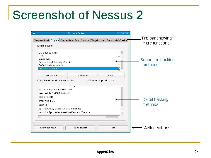 Screenshot of Nessus 2 Tab bar showing more functions Supported hacking methods Detail hacking