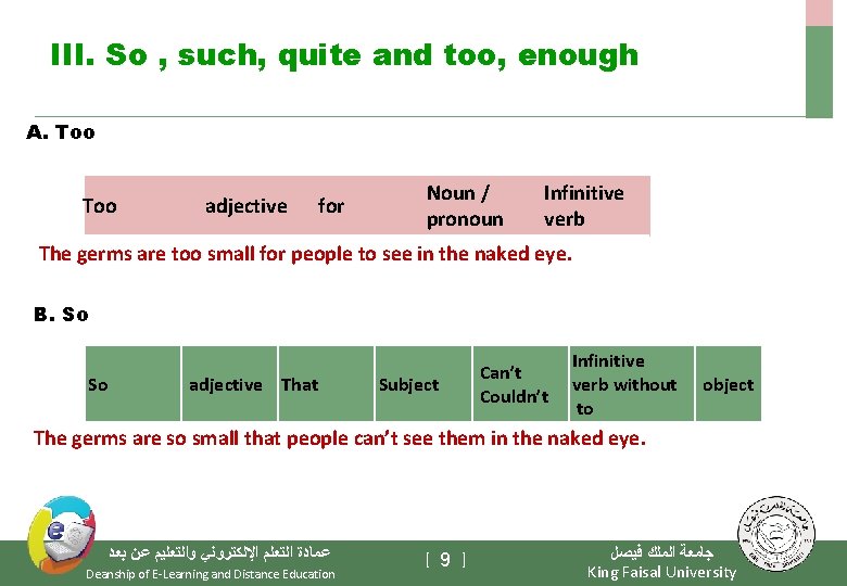 III. So , such, quite and too, enough A. Too adjective for Noun /