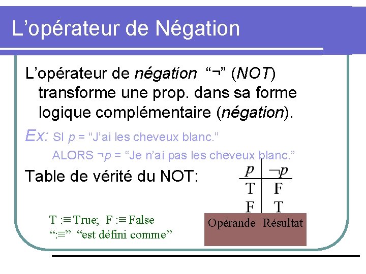 L’opérateur de Négation L’opérateur de négation “¬” (NOT) transforme une prop. dans sa forme