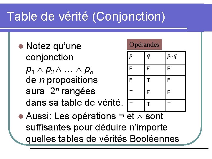 Table de vérité (Conjonction) Opérandes qu’une p q conjonction F F F p 1