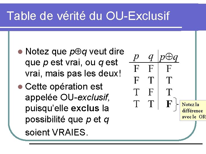 Table de vérité du OU-Exclusif l Notez que p q veut dire que p