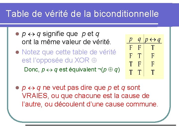 Table de vérité de la biconditionnelle p q signifie que p et q ont