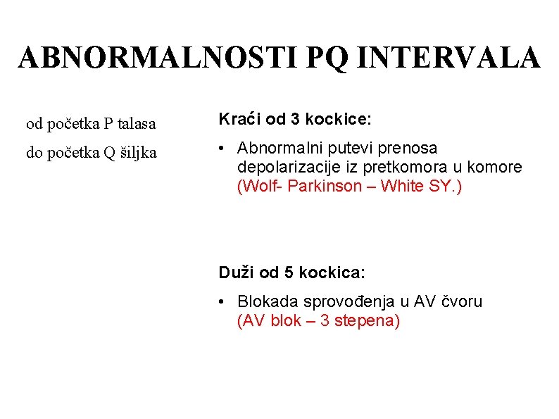 ABNORMALNOSTI PQ INTERVALA od početka P talasa Kraći od 3 kockice: do početka Q