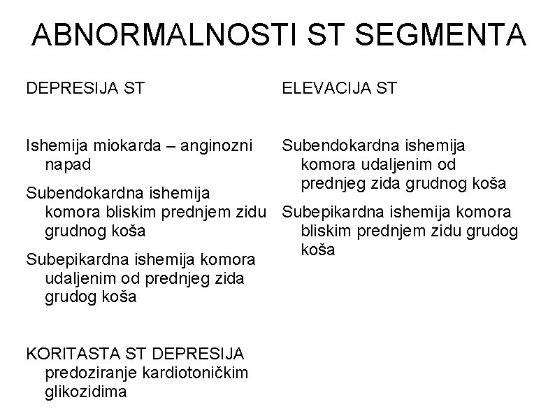 ABNORMALNOSTI ST SEGMENTA DEPRESIJA ST ELEVACIJA ST Ishemija miokarda – anginozni napad Subendokardna ishemija