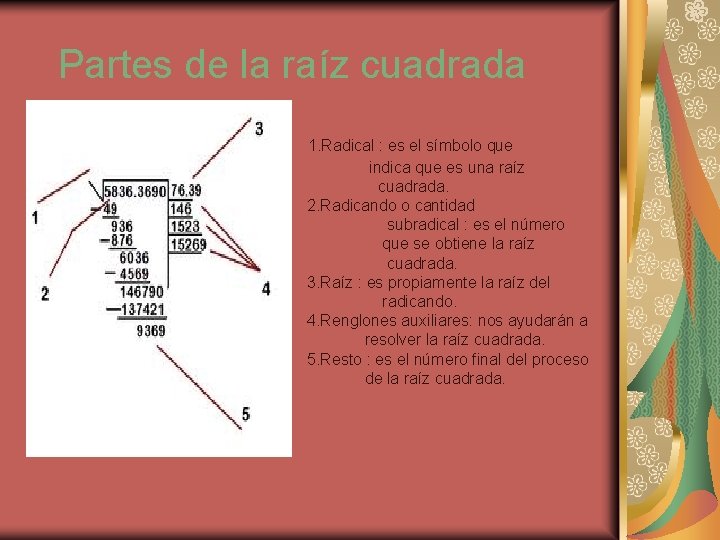 Partes de la raíz cuadrada 1. Radical : es el símbolo que indica que