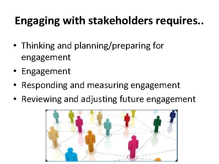 Engaging with stakeholders requires. . • Thinking and planning/preparing for engagement • Engagement •