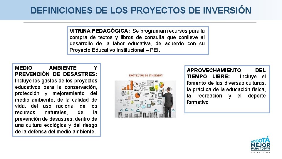 DEFINICIONES DE LOS PROYECTOS DE INVERSIÓN VITRINA PEDAGÓGICA: Se programan recursos para la compra