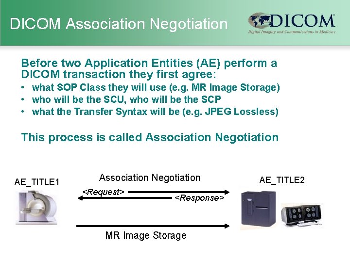 DICOM Association Negotiation Before two Application Entities (AE) perform a DICOM transaction they first