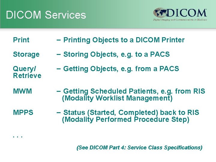 DICOM Services Print – Printing Objects to a DICOM Printer Storage – Storing Objects,