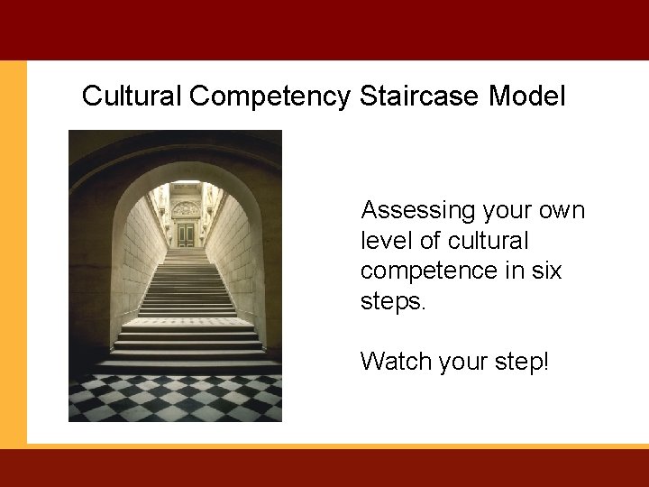 Cultural Competency Staircase Model Assessing your own level of cultural competence in six steps.